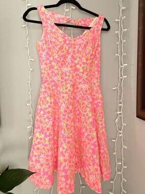 Lilly Pulitzer 00 Freja Everything Nice Dress In Fiesta Pink Green White Floral